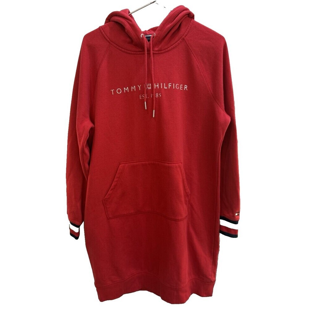 Tommy Hilfiger Womans Sz L Hooded Sweatshirt Dress Red Pockets Y2K Cotton